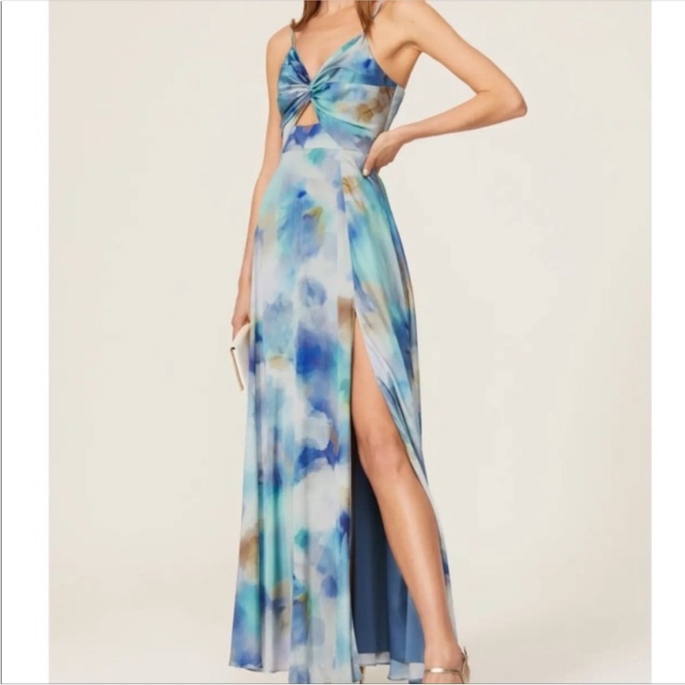 Aidan Mattox Watercolor Satin Twist Cutout V-Neck Maxi Dress Gown Blue Sz 10